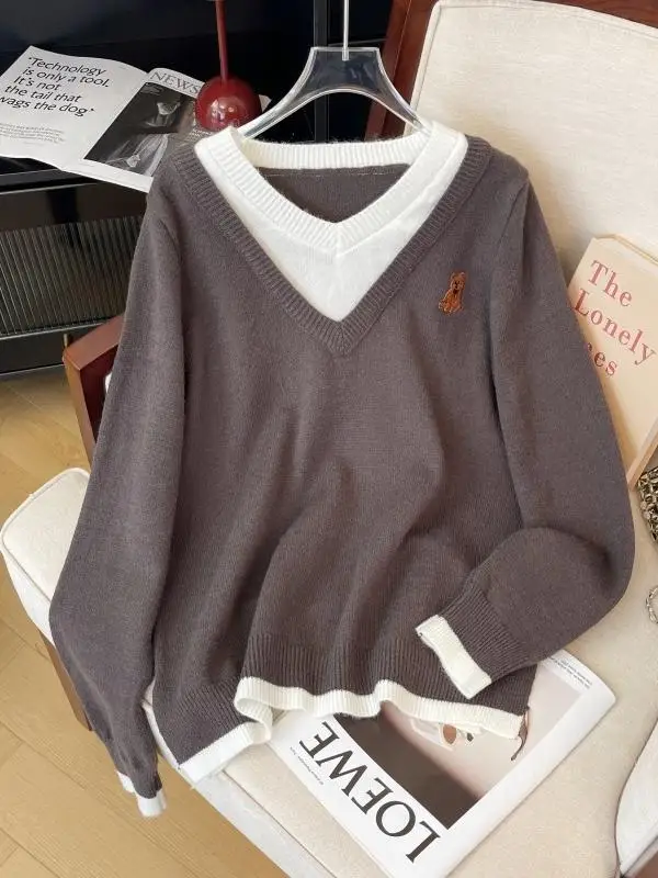 

Женский свободный вязаный свитер больших размеров с v-образным вышивкой, искусственный двухсекционный свитер, осенне-зимний цветной топ с вышивкой