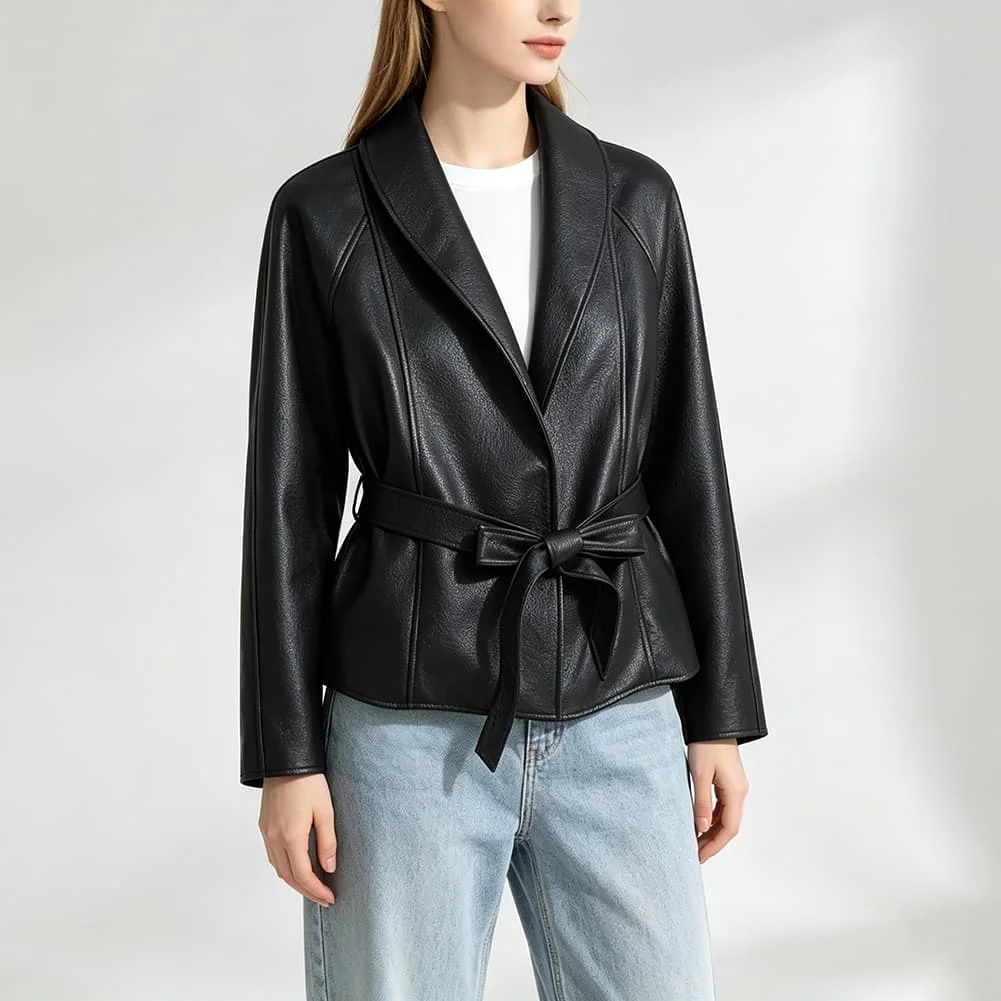 Short-Sleeve Fitted PU Leather Jacket for Women Featuring Tie Waist Design Suitable for Cycling and Holiday Wear