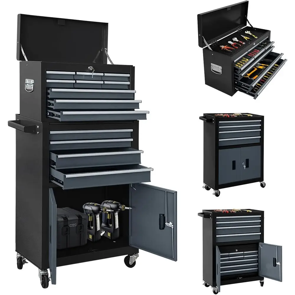 

Double Door Rolling Tool Chest, Detachable 2-in-1 Toolbox with Drawers and Wheels, Large Lockable Metal Cabinet for Workshop - B