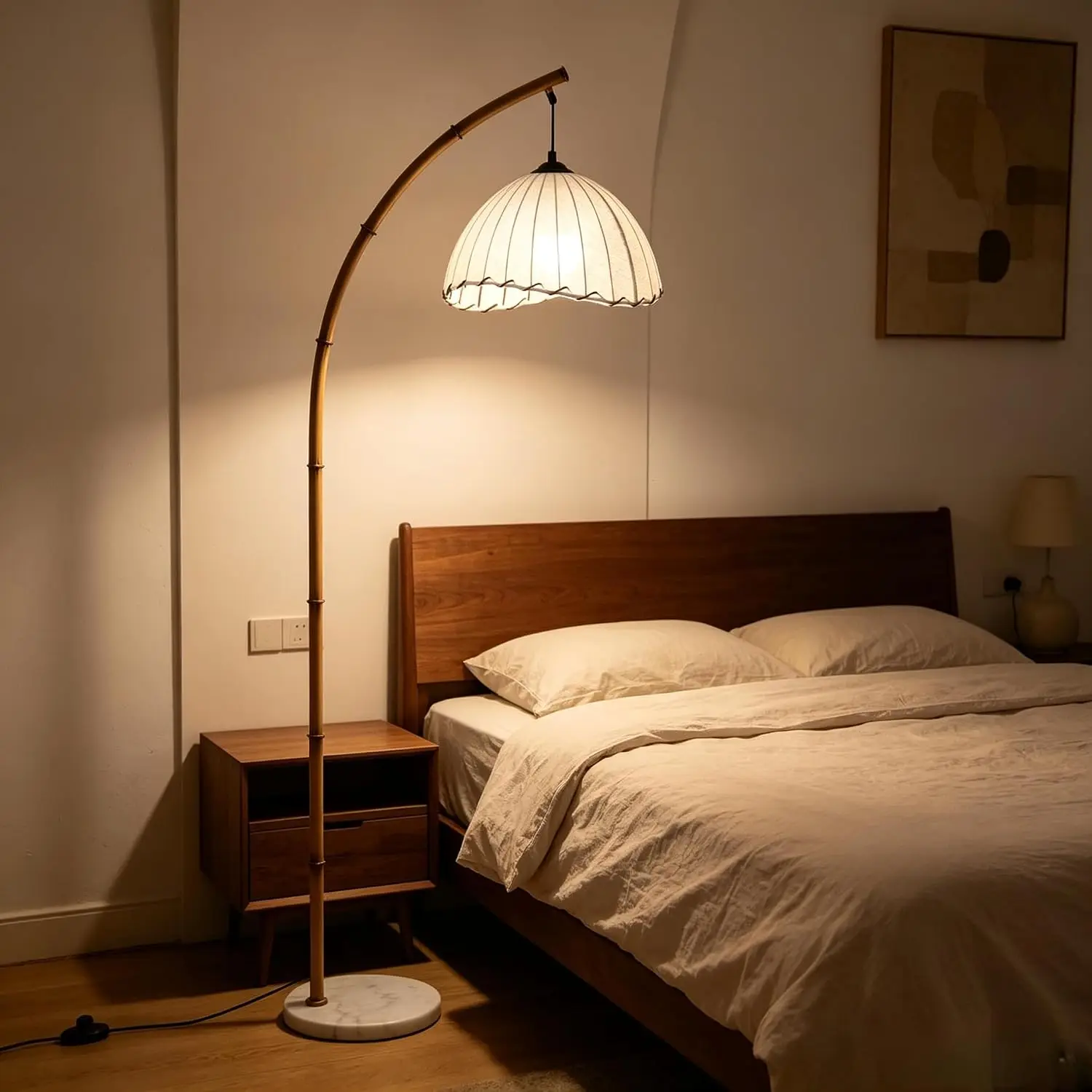 Wabi‑Sabi Bamboo Arched Floor Lamp, Modern Pleated Fabric Lampshade Marble Base Standing Light, 3 Color Changing LED Floor Lamp for Living Room Bedroom Sofa Corner Decor