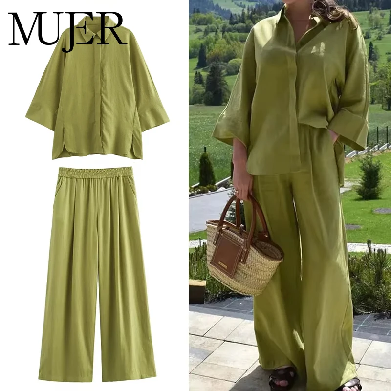 MUJER 2025 Damskie komplety spodni Oversize Casual Shirt Fashion Linen Set Woman Two Pieces Wide Leg Baggy Pants Suit Summer Outfit