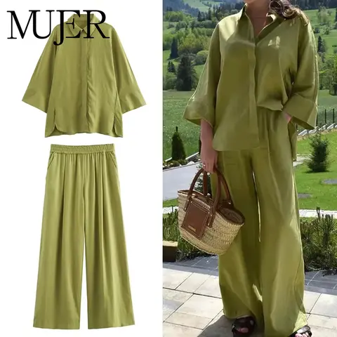 MUJER 2025 Women Pants Sets Oversize Casual Shirt Fashion Linen Set Woman Two Pieces Wide Leg Baggy Pants Suit Summer Outfit