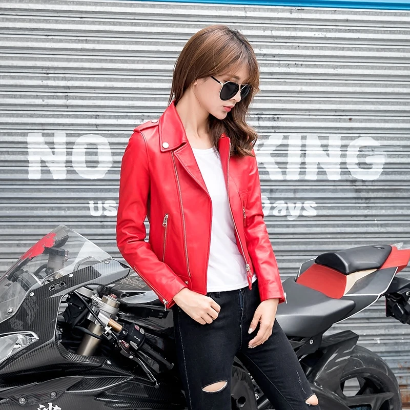 FTLZZ Women Motorcycle Pu Leather Jacket Winter And Spring Black Red Faux Leather Coat Turn Down Collor Lady Outerwear