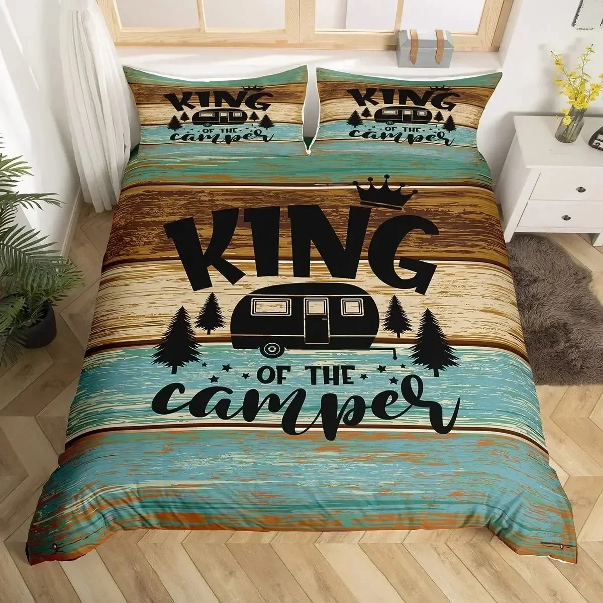 Rustic Farmhouse Style Duvet Cover Set Old Barn Door Comforter Cover Happy Camper Print Black Sketch Drawing Quilt Cover