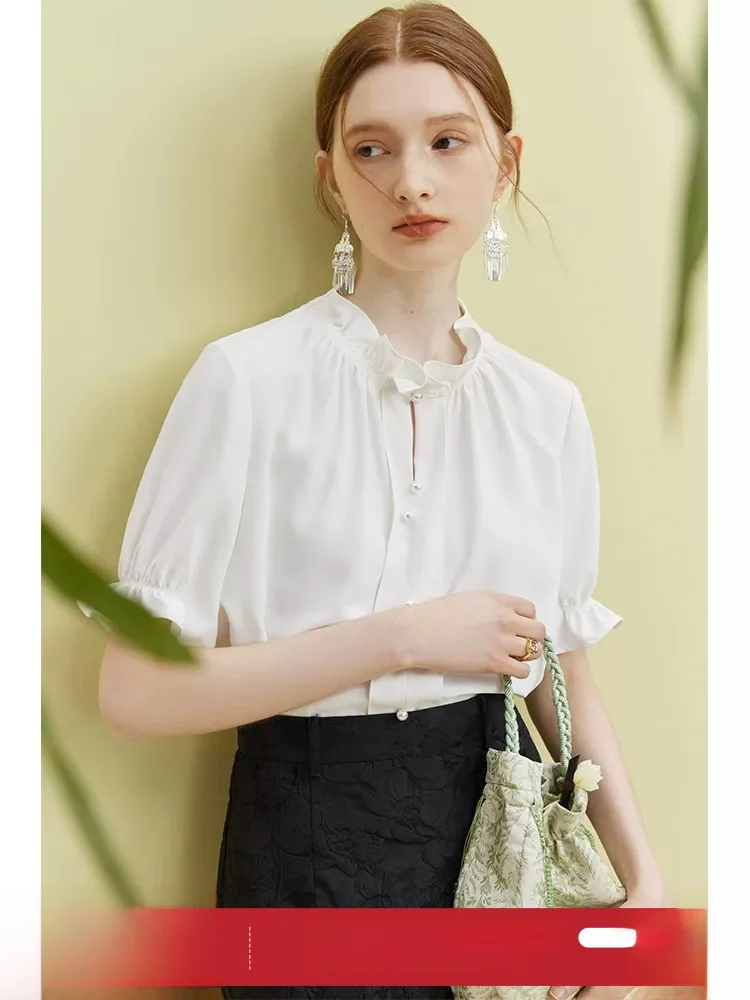 

Elegant Design Women's Shirt Summer New Style Pleated Short Sleeve Floral Breathable Comfortable French Style Pure Color