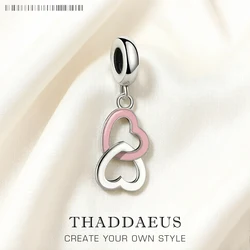 Pink Intertwined Hearts Pendant 925 Sterling Silver Dangle Charm Women Romantic Gift New Fine Jewelry