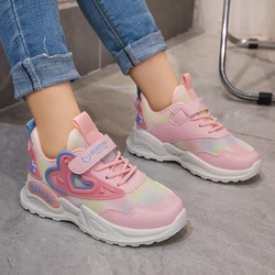 Girls Sports Shoes Kids Running Shoes Pink Breathable Air Mesh Heart Sweet Sneakers Cute Hook & Loop Children's Casual  Shoes