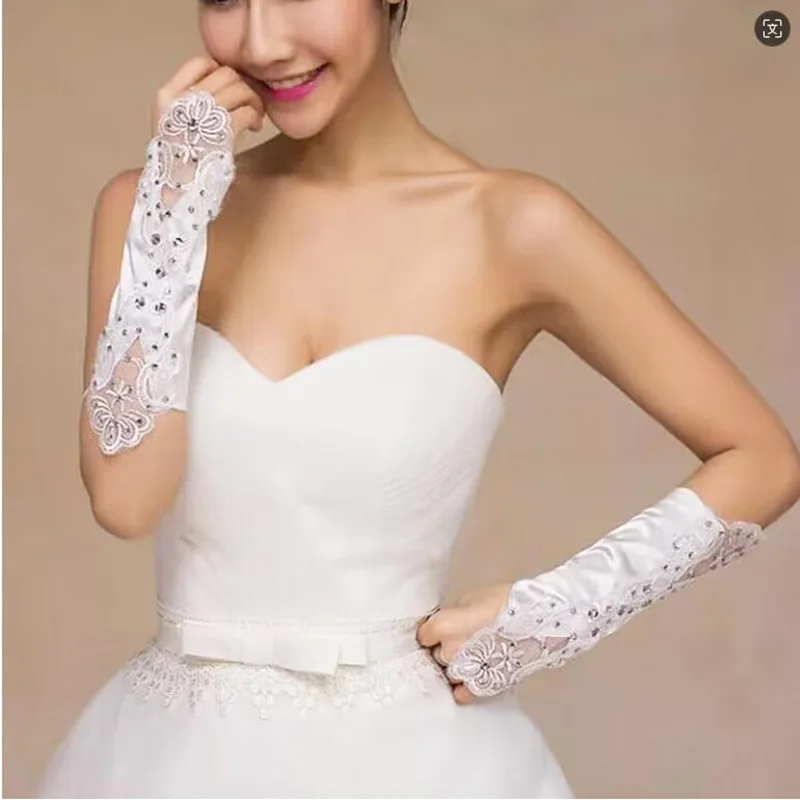 Guantes de novia sin dedos con diamantes de imitación bordados para mujer, longitud del codo, párrafo, accesorios de boda