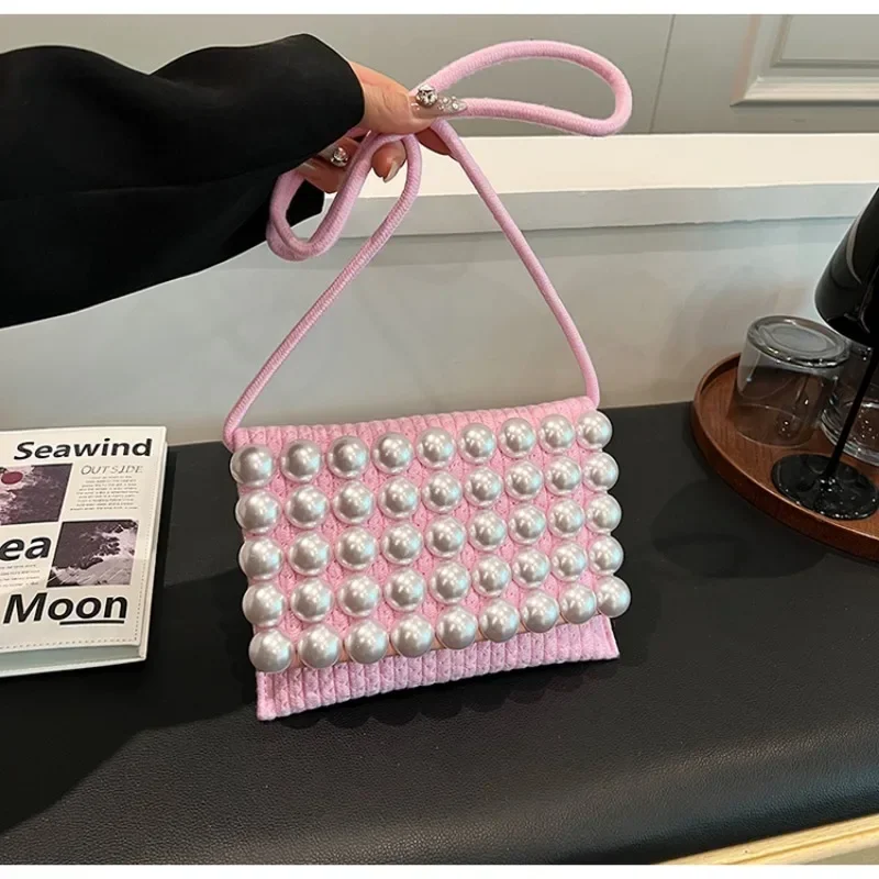 

Fashionable Women's 2024 Summer Casual Portable Crossbody Bag Minimalist Pearl Party Shoulder Bag Solid Color Small Square Bag