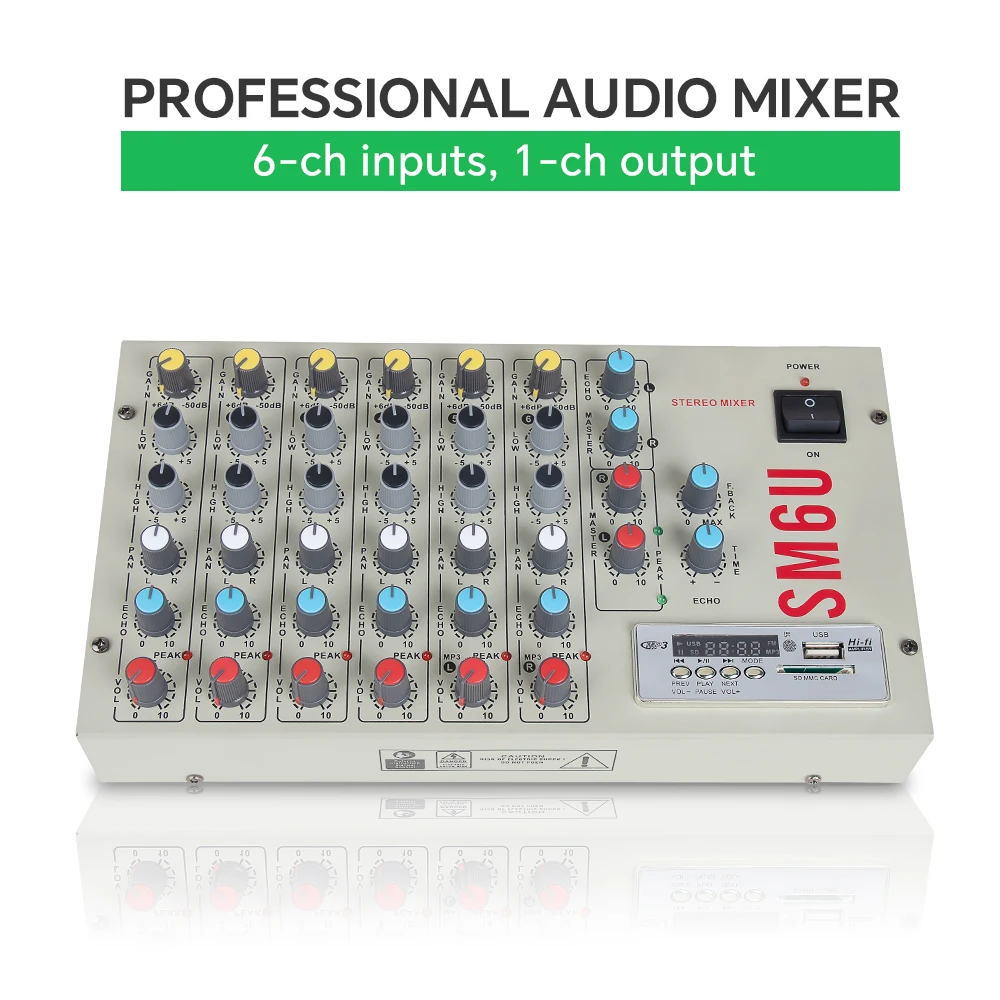 Professional 6 Channel Audio Mixer Multi Input 1 Output Mixing Console with Built in Bluetooth USB and Reverb Control