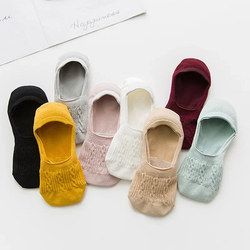 5 Pairs Women Cotton Low Cut Socks Solid Snowflake Softable Summer Silicone Non-slip Deep Mouth Prevent Heel Loss Slipper Socks