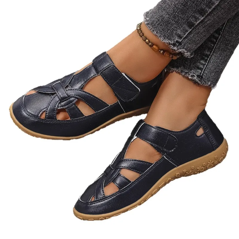 

Women's Sandals Summer Fashion Leisure Baotou Round Head Low Heel Hook and Loop Sandals Flat Sandals with Solid Color Geometry