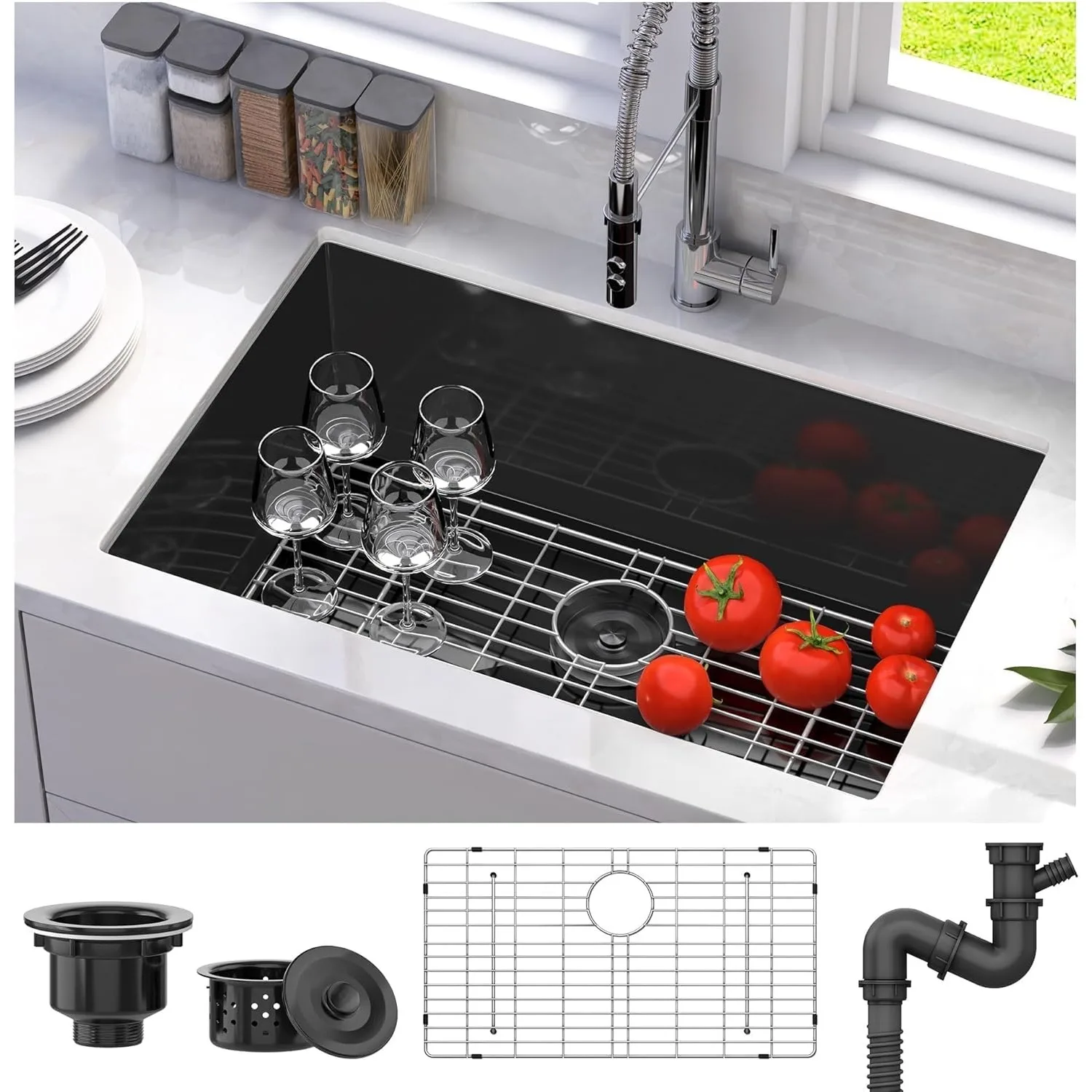 Black Kitchen Sink 30in Undermount Sink Single Bowl 16 Gauge Stainless Steel Nano Gunmetal Black Sink, Bar Sink 30 x 18 x 10in