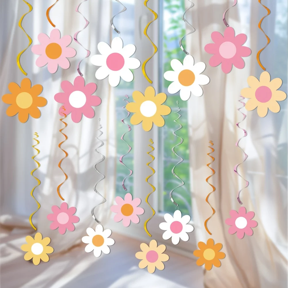 Set mit 16 rotierenden Gänseblümchen-Hängedekorationen – ideal für Boho-Hippie-Retro-Geburtstagsfeiern – Detail 1