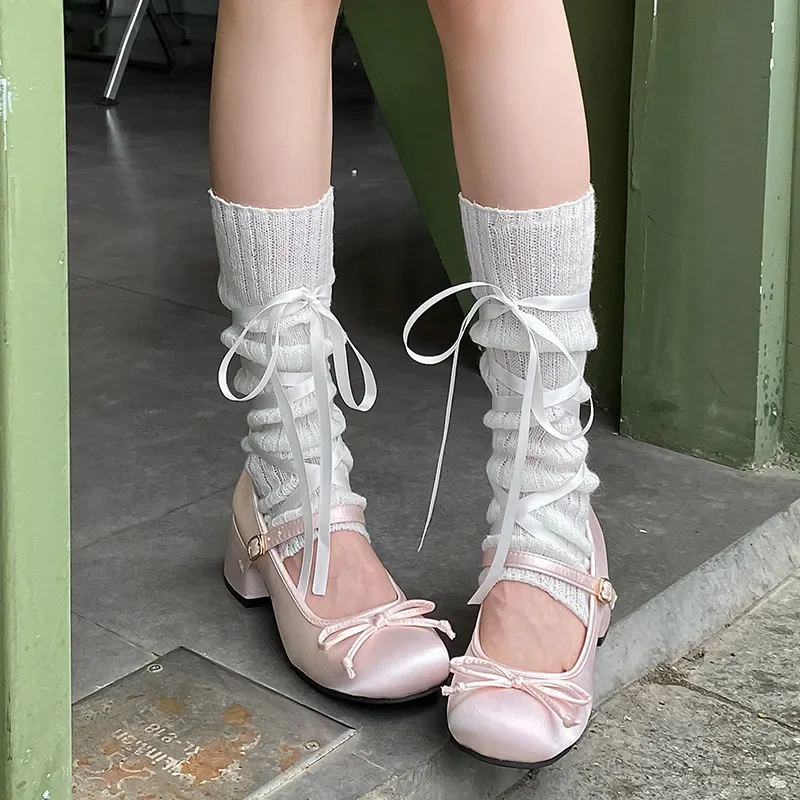 Ballet Style Bandage Bow Knee Socks Knitted Foot Cover Sweet Girls Leg Warmer Long Socks Women Versatile Elephant Socks