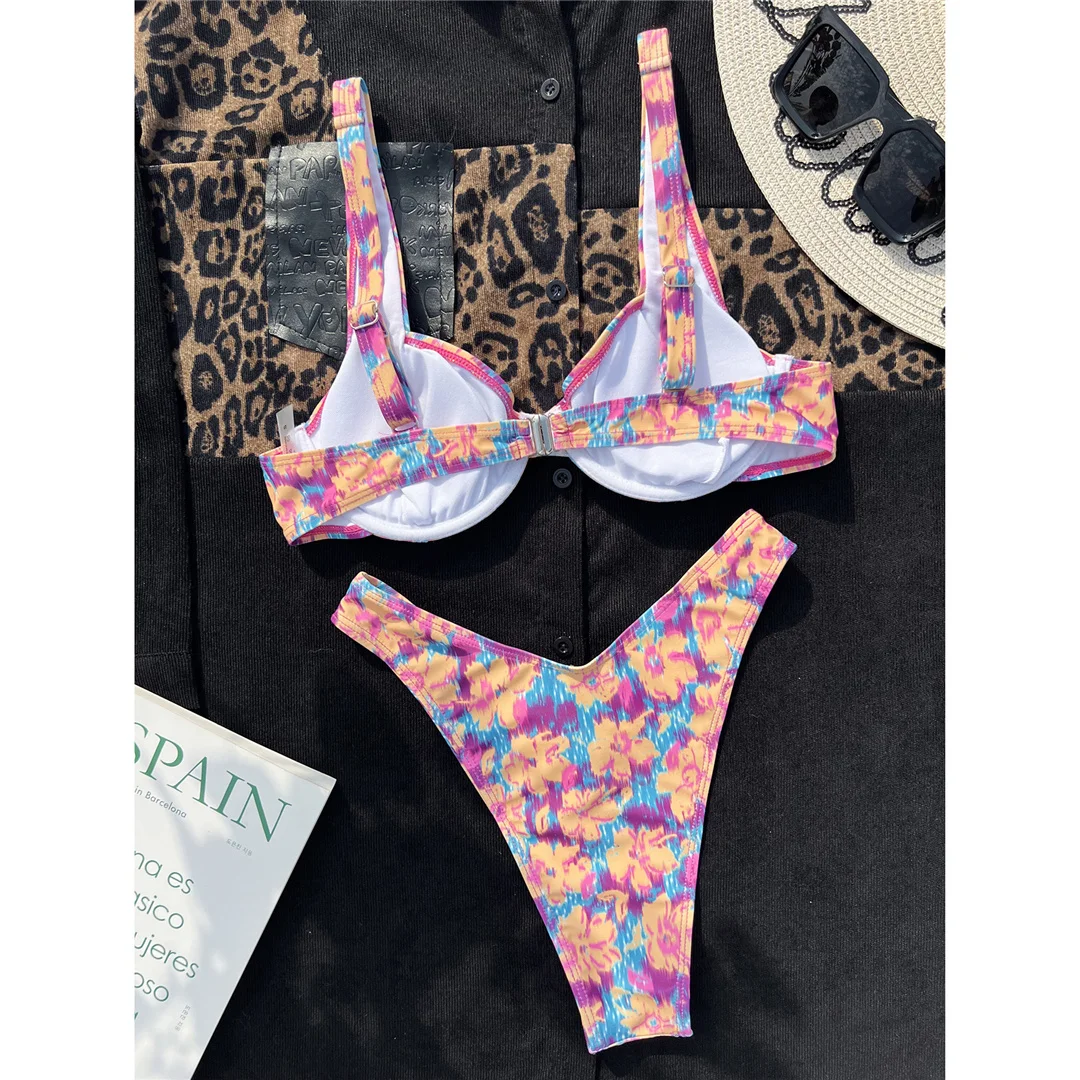 Neuer bedruckter, mit Bügel verstärkter, brasilianischer Bikini mit mittlerer Bundhöhe, Damen-Badebekleidung, zweiteiliger Bikini-Set, Badeanzug, V4622 – Detail 11