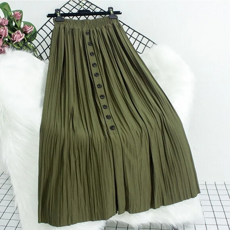 Nouveau 2025 Style coréen bouton plissé mi-longue jupe femmes automne Vintage ample décontracté coton jupes