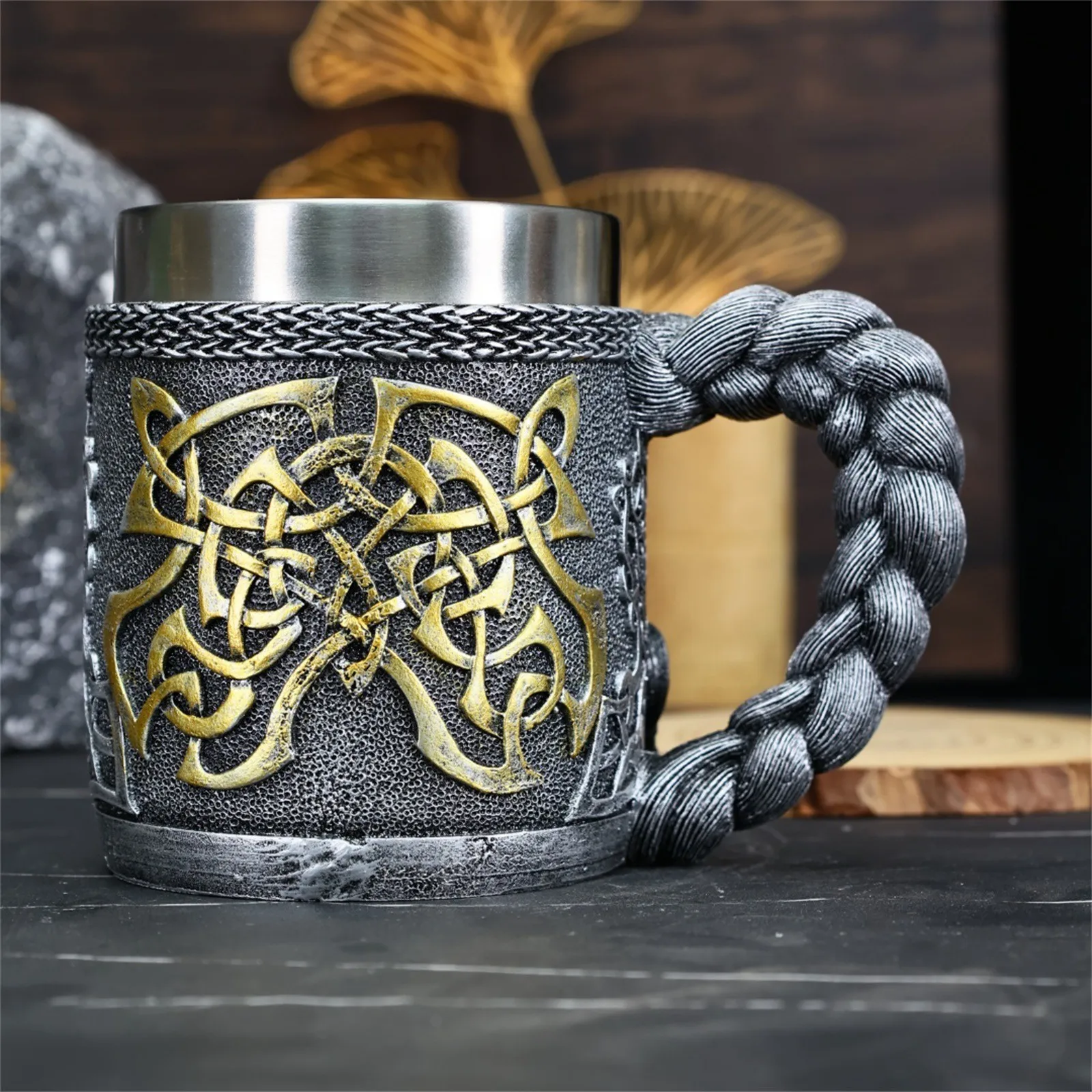 450ML Hot Valhalla Viking Stainless Steel Nordic Viking Barrel Dragon Boat Warrior Horn Skull Beer Mug Tankard Stein Cup