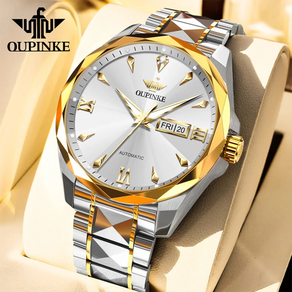 OUPINKE 3315 Mens Watch Tungsten Steel Automatic Mechanical Watch﻿ Waterproof Luminous Week Date Watches For Man Luxury Gift