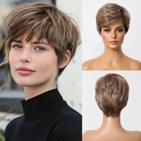 Short Straight Fashion Blend Human Hair Wigs Chestnut Brown Pixie Cut Human Hair with Bangs Women Soft Human Hair Machine Made