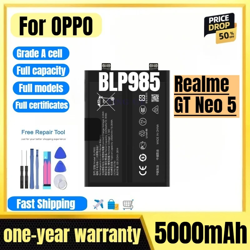 

Аккумулятор BLP985 для OPPO Realme GT Neo 5: высококачественный, большой емкости, сменный, класс А, с инструментами для замены