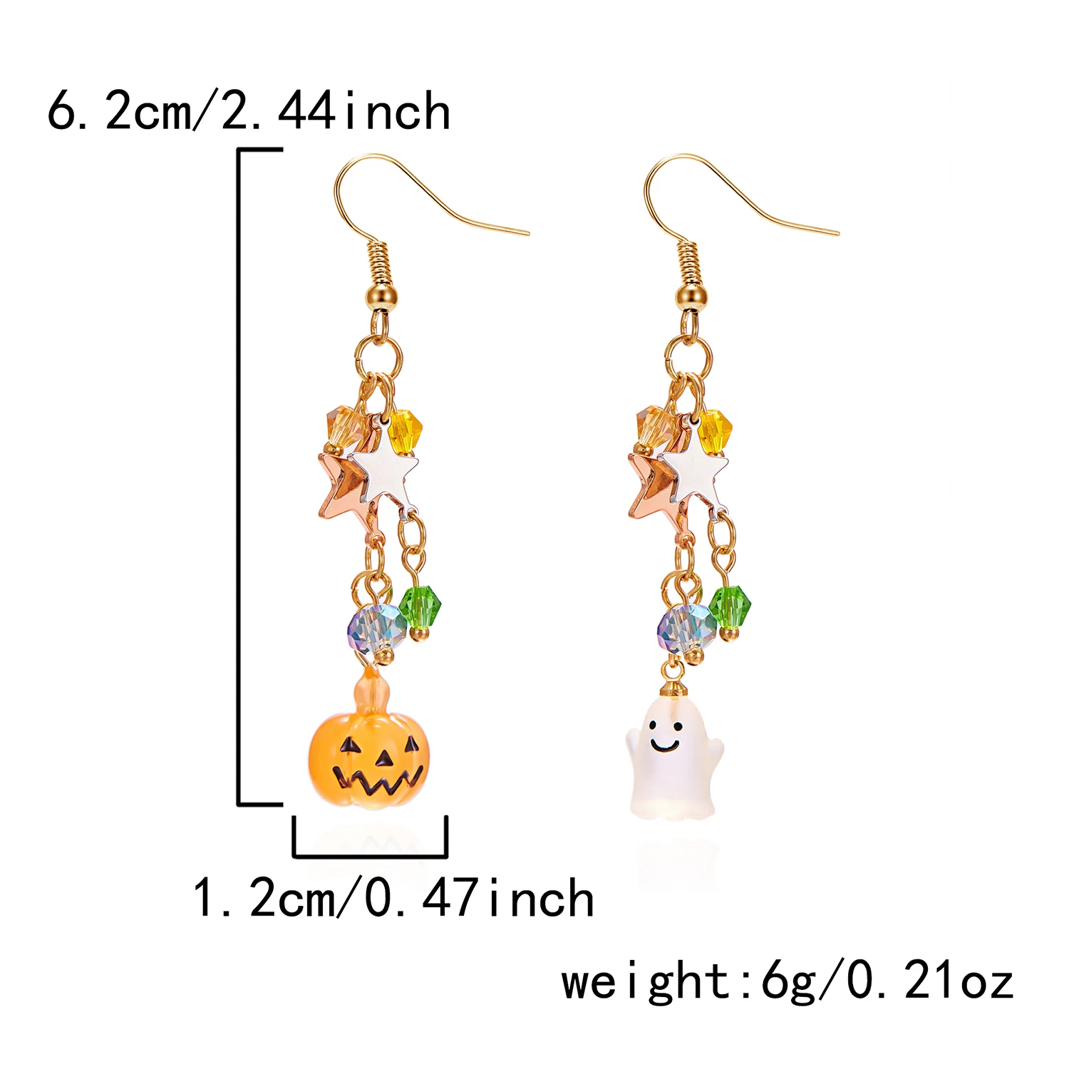 Niedliche Halloween-Ohrhänger für Frauen, Cartoon-Geist-Kürbis-Stern, asymmetrische lange Quastenohrringe, Party-Statement-Schmuck – Detail 8