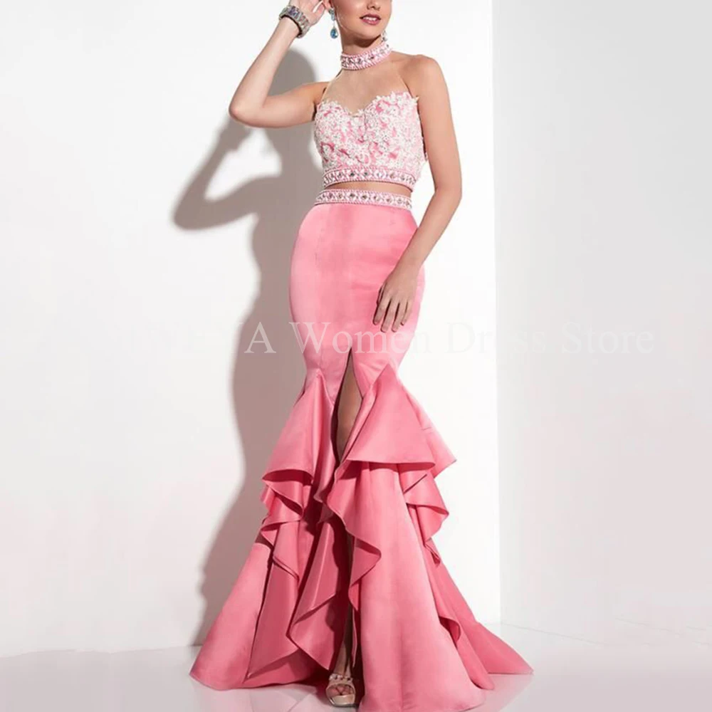 Pretty Pink Women Prom Dresses Sleeveless High Collar Floor Length Mermaid Side Split Appliques Smart Female Banquet Gowns