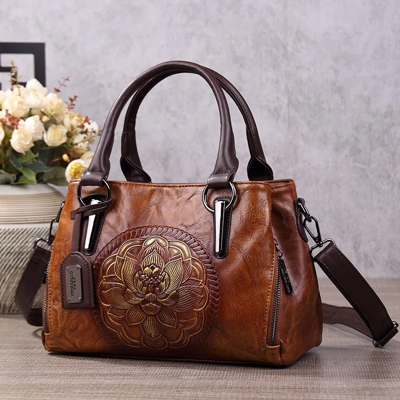 

Johnature 2026 New Women's Handbag Boston Bag Retro Embossed Handmade Large Capacity Versatile Shoulder Bag