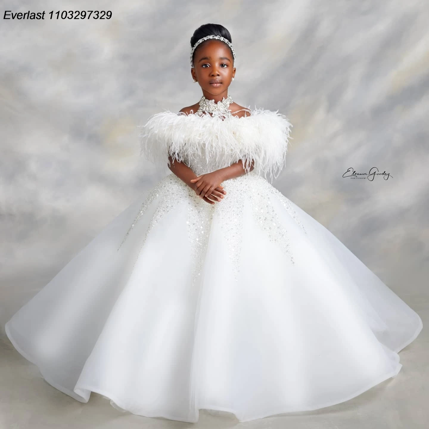 EVLAS White Flower Girls Dress Wedding Feather paillettes Girl Pageant Dress Kids Party Birthday Ball Gown per photobot TFD145