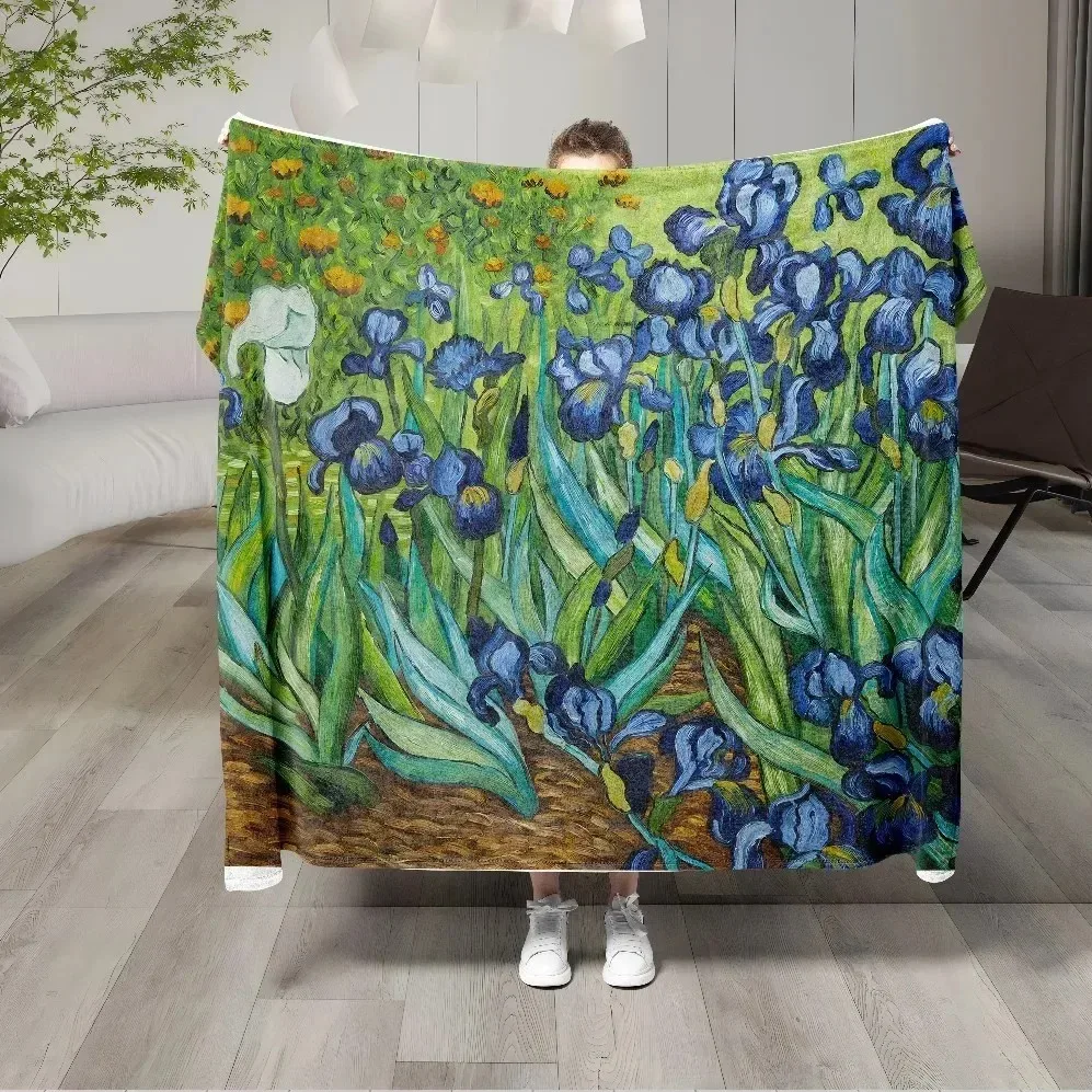 Van Gogh Iris Oil Painting Throw Blanket, Classic Impressionist Art Print Soft Flannel Cozy Blanket, Vintage Floral Warm Blanket