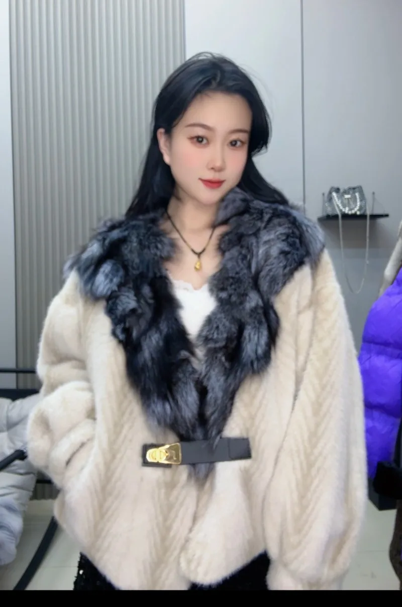 2025 Winter New Cross Pattern Fox Fur Collar Short Exquisite Jacket Fashionable Casual Woolen Coat Outerwear For Women's Clothes