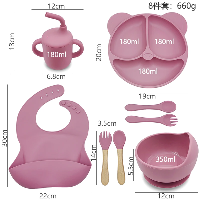 Personalized Name Silicone Tableware 8Pcs Baby Feeding Sets Suction Cup Plate Bowl Sippy Cup For Kids Customized Newborn Gift