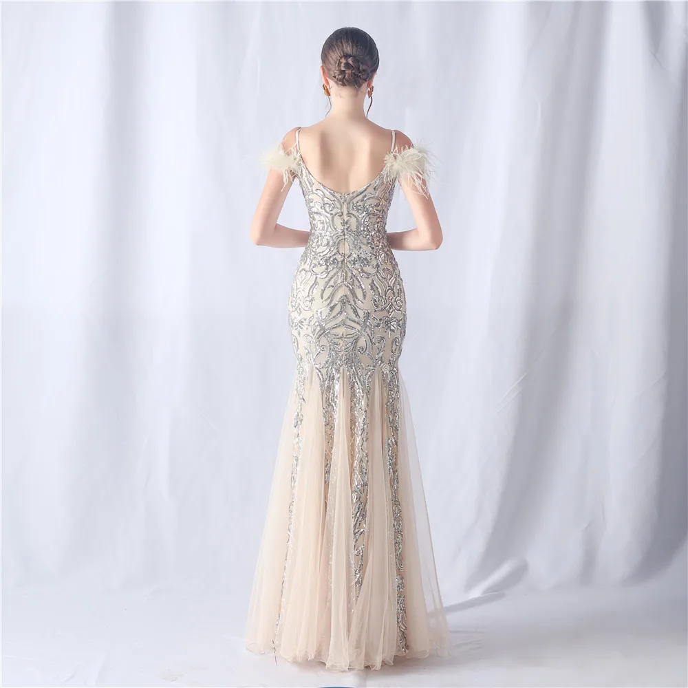 DEERVEADO 8 Colors Mermaid V-Neck Sequins Evening Dresses for Woman Elegant Strap Prom Party Dresses with Feathers Formal Gowns