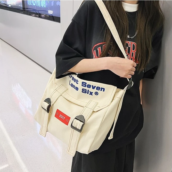 College Student Big Capacity Canvas Textile Side Postman Bag Casual Street Wear Book Laptop Fabric Cloth Square Crossbody Bag