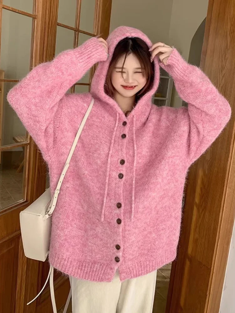 

Lazy Wind Sweet Hooded Cardigan Sweater Women Long Sleeve Loose Vintage Pink Knitted Jackets Korean Casual Cute Oversize Tops