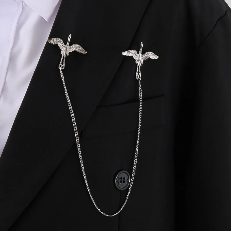 Elegant Crane Tassel Chain Brooches for Women and Men Cardigan Collar Pins Button Fashion Accessories Jewelry Badge Gifts