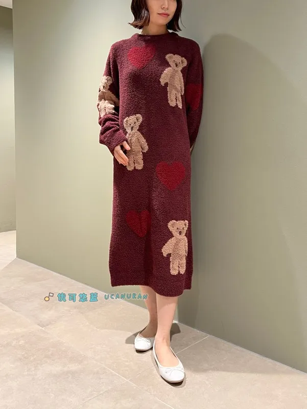 Japan Style Original New Year Bear With Heart Winter And Spring Thick Pajamas Knitted Sweaters Gown Wine  Sleepwear  Loungewear