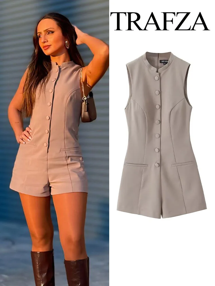 Trafza moda feminina único breasted o pescoço magro macacões de cintura alta mulher casual verão sólido elegante sem mangas playsuits