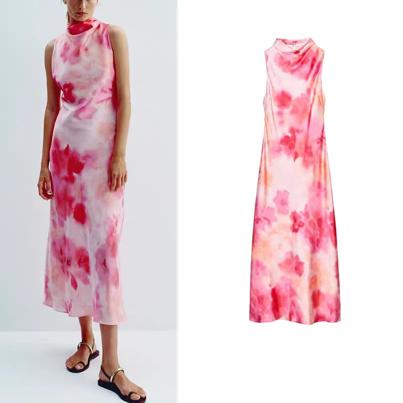 Summer New Faion Women's round Ne Svel Dyed Silk Satin Dr High Waist A-Line Skirt Polyester Fabric Casual Wear