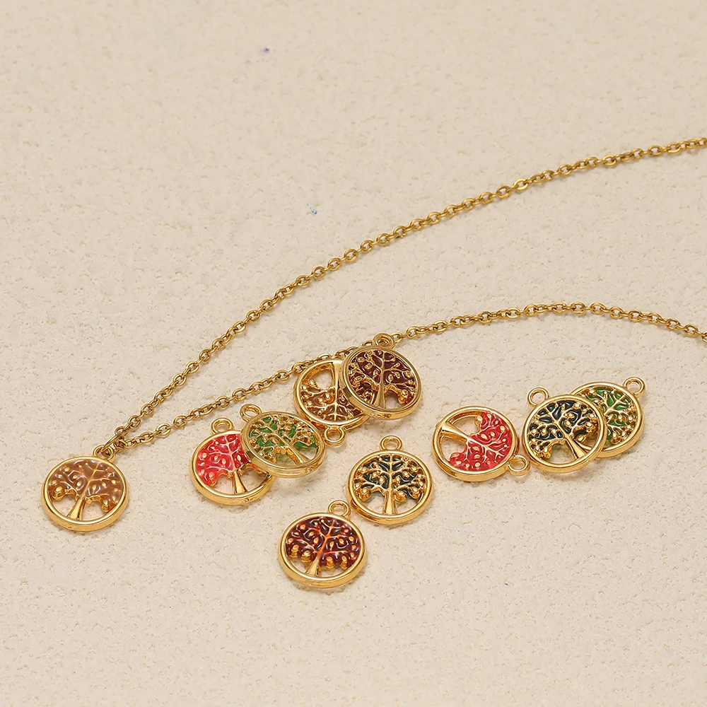 5 Stück Edelstahl-Emaille-Lebensbaum-Anhänger, runde Halskettenanhänger für DIY-Schmuckherstellung, Ohrringe, Armbänder, Fußkettchen. – Detail 1