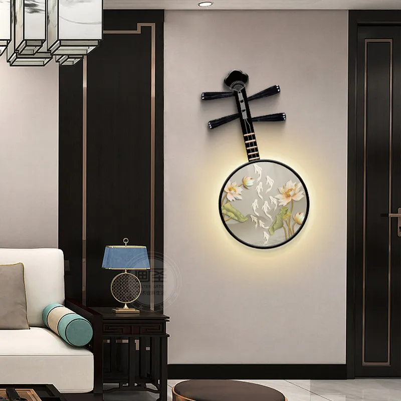New Chinese style harp entrance decoration painting with nine fish pattern, vertical LED lighting, antique style corridor mural