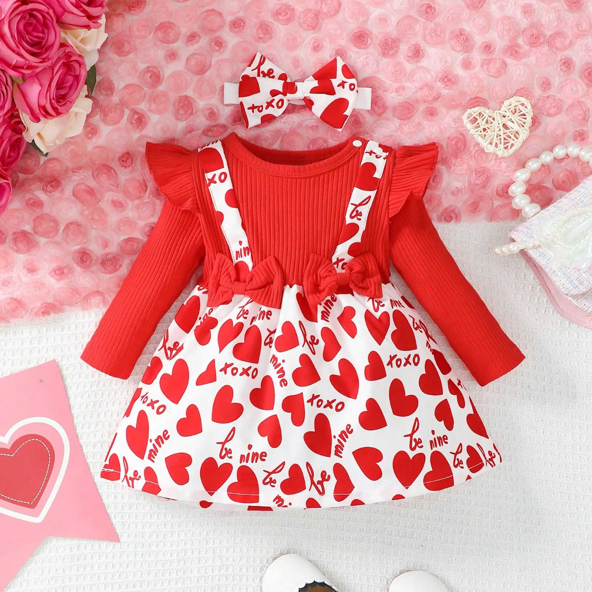 

Newborn Girl Baby Love Digital Print Bow Headband Dress