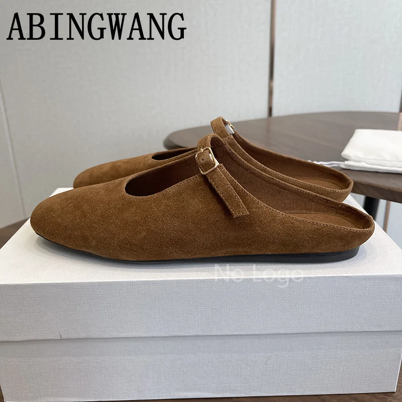2026 Spring Summer New Runway Flat Heel Slippers Women Leather Suede Round Toe Ladies Slides Party Dress Shoes For Women