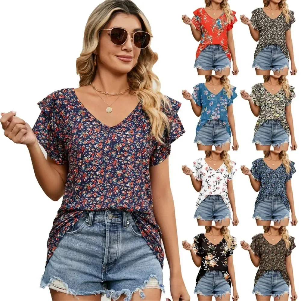 Women's Shirts & Blouses for Women Elegant Summer Tops Short Sleeve Korean Popular Floral Blouse Blue Woman Trend 2024 Clothing