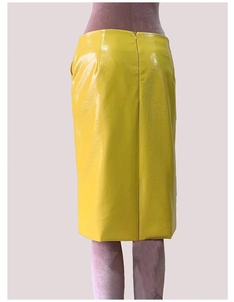 Mauroic Spring Summer Shiny Reflective Bright Yellow Faux Leather Pencil Skirt Women with Back Slit High Waist New Arrivals 2025