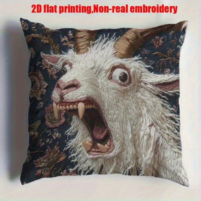 VIKAMA Spooky Goat Face 2D Flat Printed Pillow - Unique Non-Real Embroidery Home Decor Sofa Cushion Cover, Home Decor