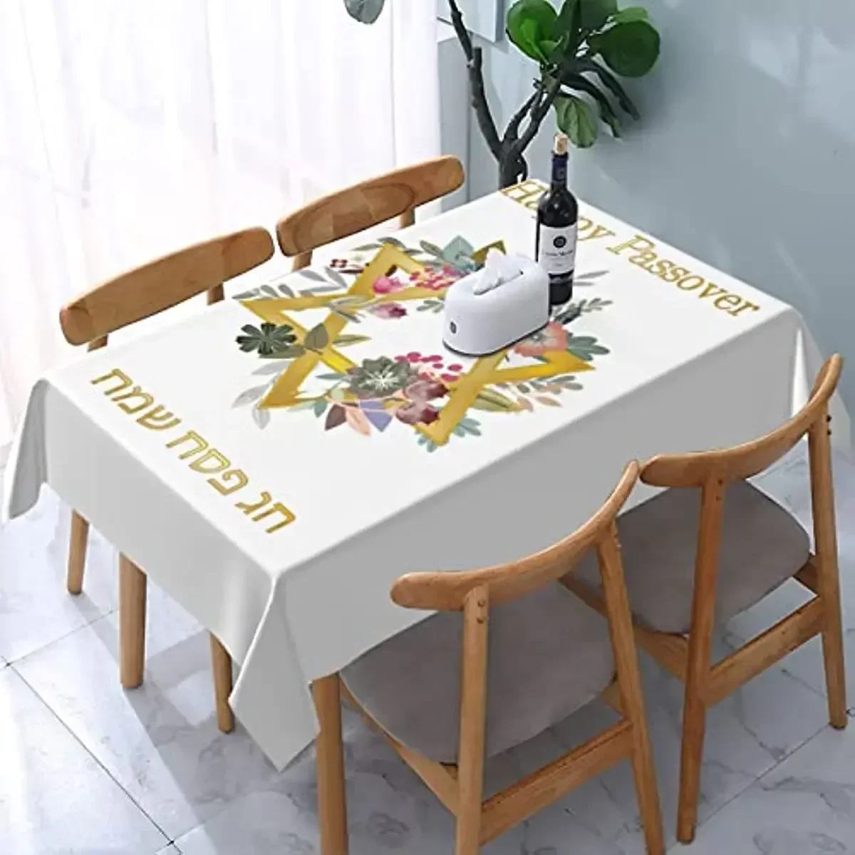 Happy Traditional Jewish Passover Rectangle Tablecloth Waterproof Square Table Cloth for Kitchen and Dining Room XBLXZ005