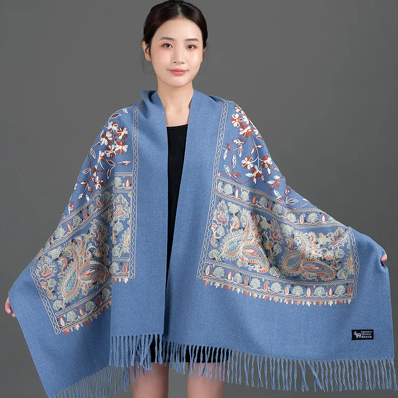 2023 New Pashmina Cashmere Blend Mujer Bufanda Scarf Warm Echarpes Embroider Flower Poncho Cape Thick Warm Poncho Kerchief