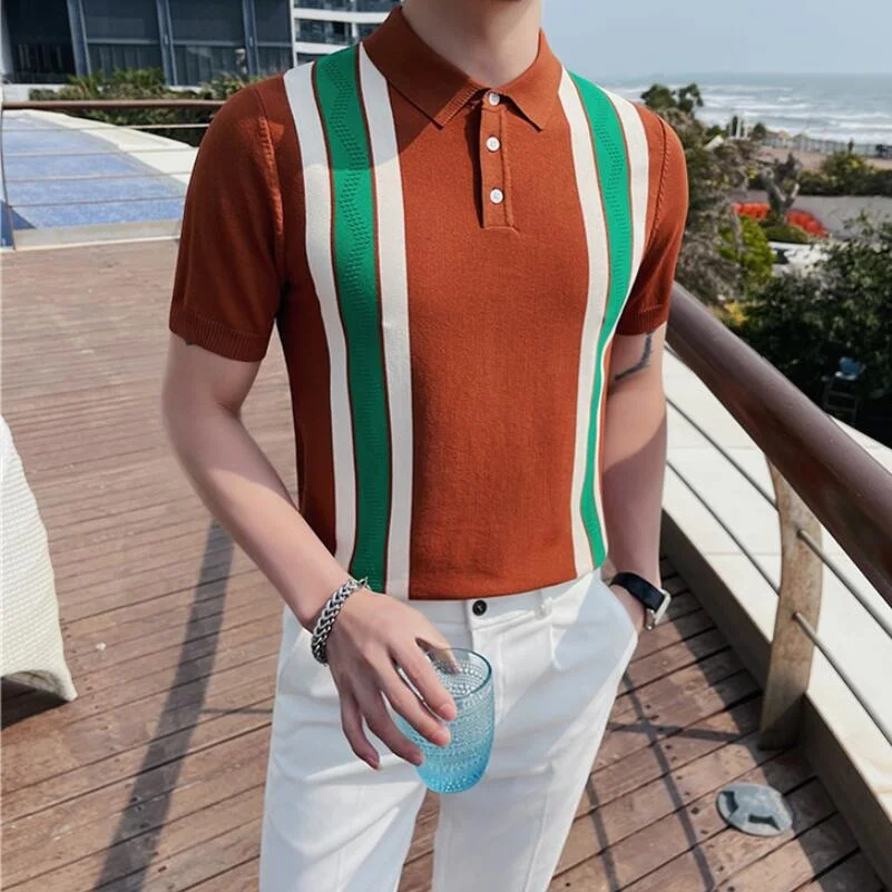 2023 Men's Summer Casual Ice Silk Short Sleeves Knitting Polo Shirts/Male Slim Fit Fashion Match Colors Business Shirts