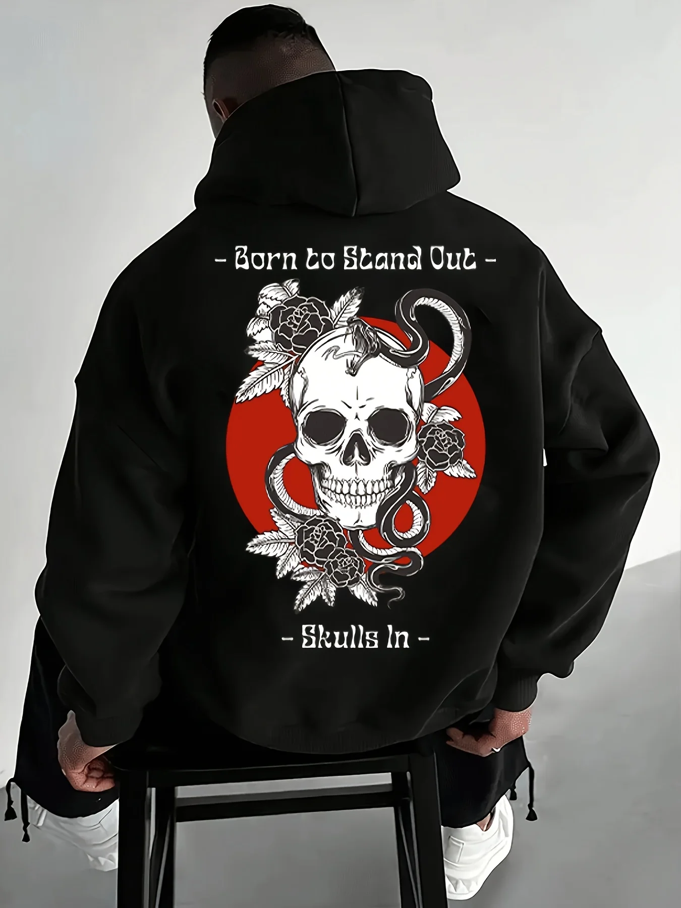 New Men's Fashion Hooded Sweatshirt with Skull Snake Print and Black Rose Style An Essential Artistic Piece forAutumn and Winter